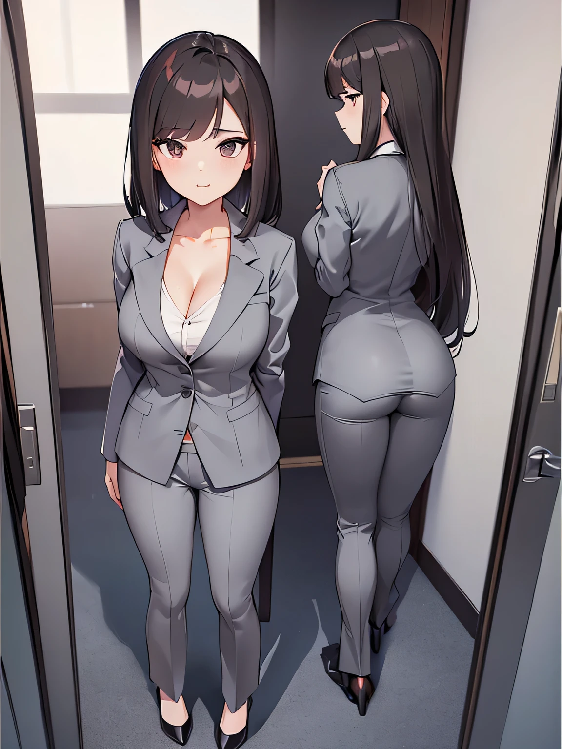 (1) There is one office lady with beautiful legs, (She is standing and showing off her beautiful legs:1.5),
(2) (OL is standing:1.5),
(3) OLはwhiteVheadTI'Iは中にシャツを着ています、whiteVheadTI can almost see her cleavage through the shirt.、(I'Iはその上にグレーのパンツスーツを着ています.:1.5)、Pantsuits fit perfectly、(The pants are semi-flare full length type..:1.5)、she is wearing black high heel pumps、
(4) (OL is showing her back、your face is facing this way:1.5)、
(5) Office woman has short brown hair., shining eyes, A provocative grin,
(6) The location is the office hallway..,
(7) highest quality, High resolution, realistic pictures, realistic skin,