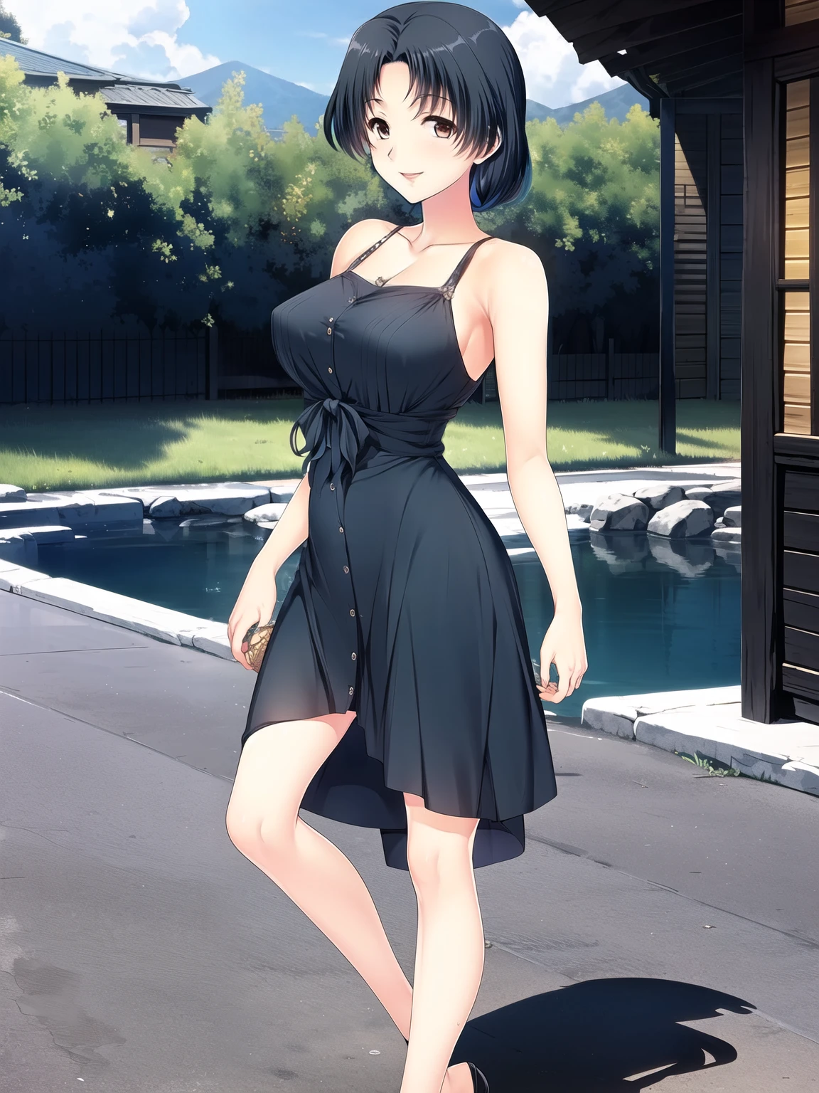 Full body image, black dress, smiling