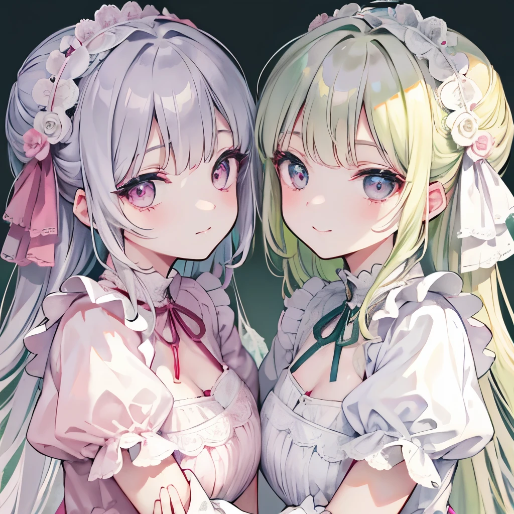 Twins with similar looks. The first one has light yellow-green color, the second one has pale gray hair, pink eyes, hugging each other, white lace clothes, smiling, shy face, cute, close-up of their faces.