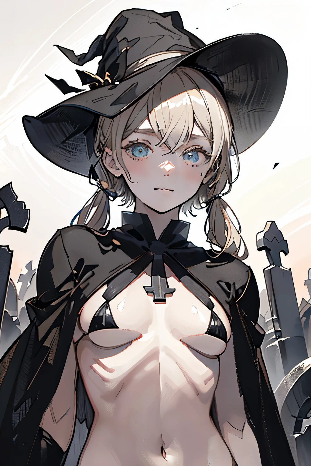 best quality, masterpiece, 1 girl, (silhouette lighting:1.3), smile, contrapposto, prinz eugen, (head shot, upper body:1.5), ultra detailed face, ash blonde low twintails hair with bangs, hourglass figure, oily skin, black big witch hat, black bikini, cloak and glove, (small breast, underboob:1.2), her sweating a lot, (graveyard at night:1.3)