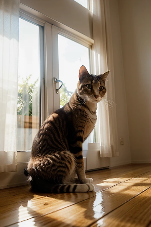 "Crie uma imagem cativante: a majestic cat is sitting on a polished wooden floor, sunlight filtered through half-open curtains. Forward, uma bola de linha de costura repousa delicadamente, seu fio envolto ao redor. O gato observa, curioso. Capture this serene moment with sharp details and cinematic quality."