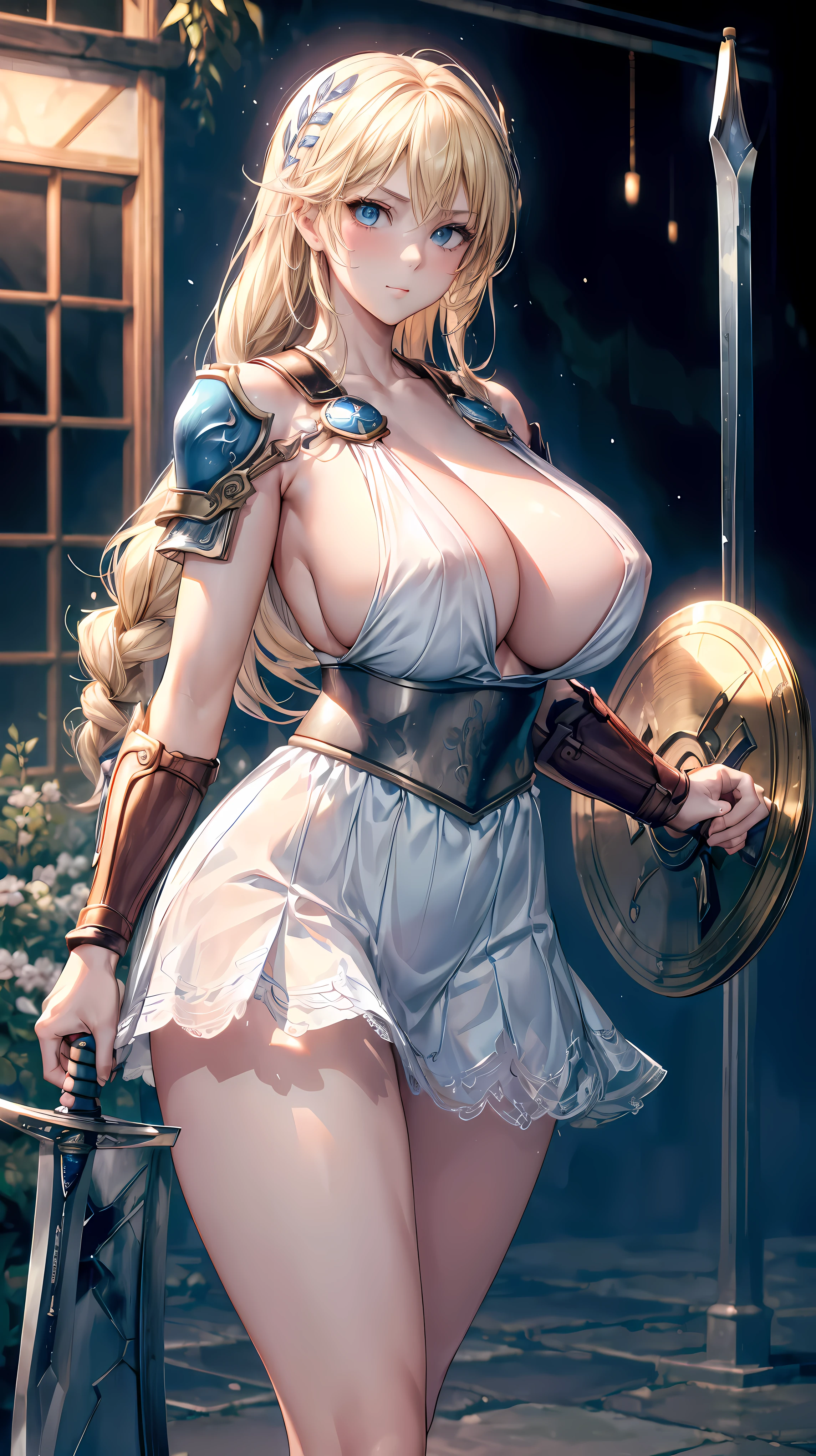 sensual, long blonde hair, thick thighs, 8K, 4k, highest quality, (High resolution:1.6), cute anime face, noise reduction, shining blue eyes, gentle smile, kind eyes、toned abdominal muscles, muscular arms, muscular legs, young face, anime eyes, Sophitia Alexandra、(holding a sword in the right hand:1.5)、(Equipped with a shield on the left arm:1.5)、(SFW huge body:1.5)、(beautiful nose:1.5)