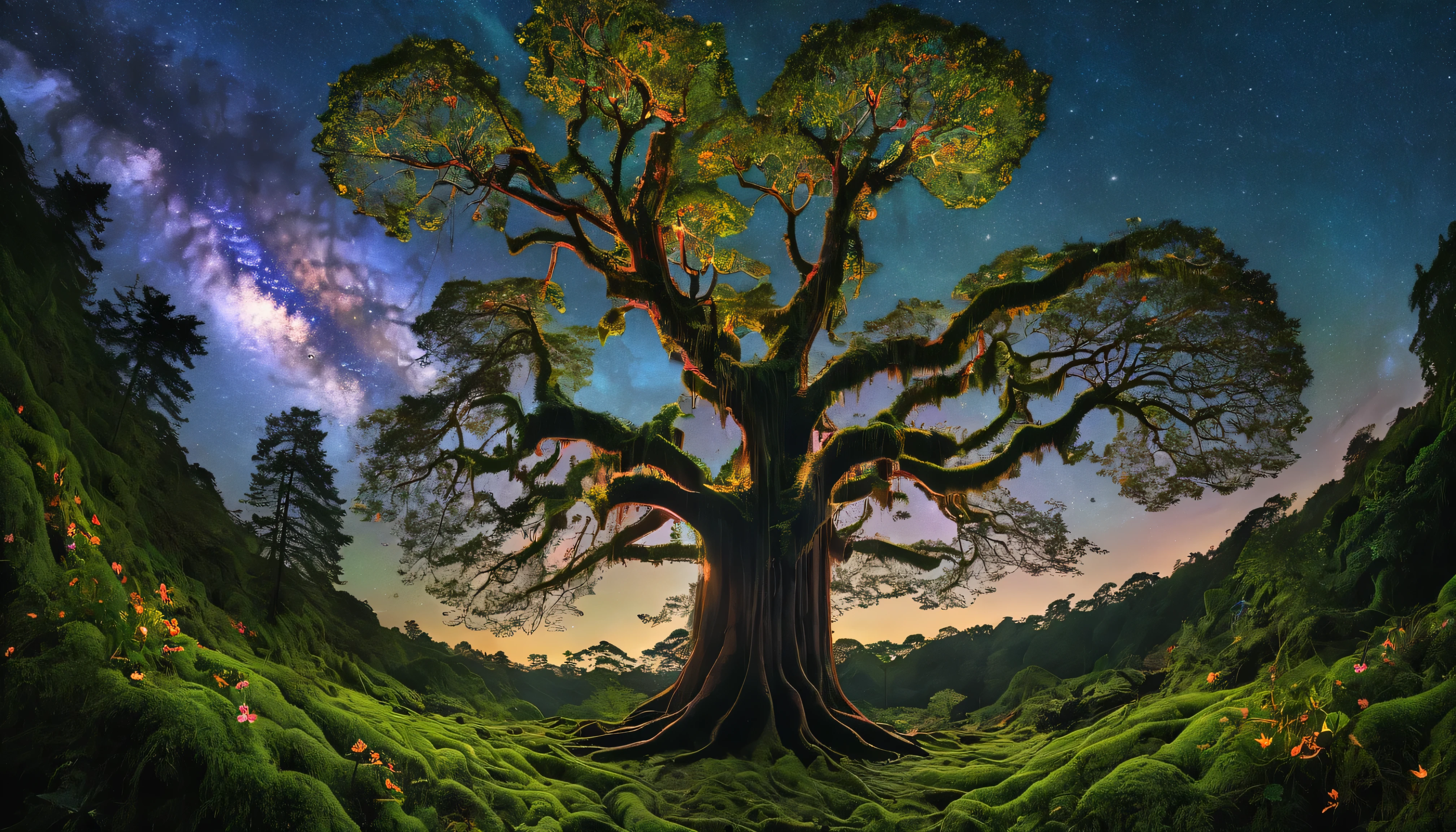 Visualize a majestic, ancient tree at the heart of a bioluminescent forest. Its enormous trunk and sprawling branches are adorned with glowing flowers and moss, serving as a beacon of light and life. The ground around the tree is covered in a tapestry of glowing fungi and flowers, with ethereal creatures gathering in its radiance. The sky above is filled with the silhouettes of other towering trees, their canopies aglow, under a canopy of stars. This scene symbolizes the interconnectedness of life and the mystical power of nature