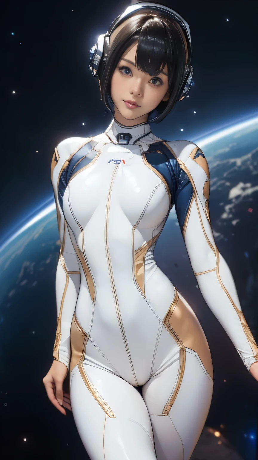 (masterpiece、highest quality、highest resolution、clear_image、Detailed details): (full body figure、15 year old girl、Japanese face、small face、thin、navy blue super short bob cut hair、blue colored eyes、((navy long sleeve space suit、space helmet))、headset、cosmic handbag、cute type、gentle smile、soft expression、headset、(((knee high boots)))、gloves up to the elbow、eye level shot、face directly、woman on a spaceship), (((camel toe))), ((Pure white leotard))