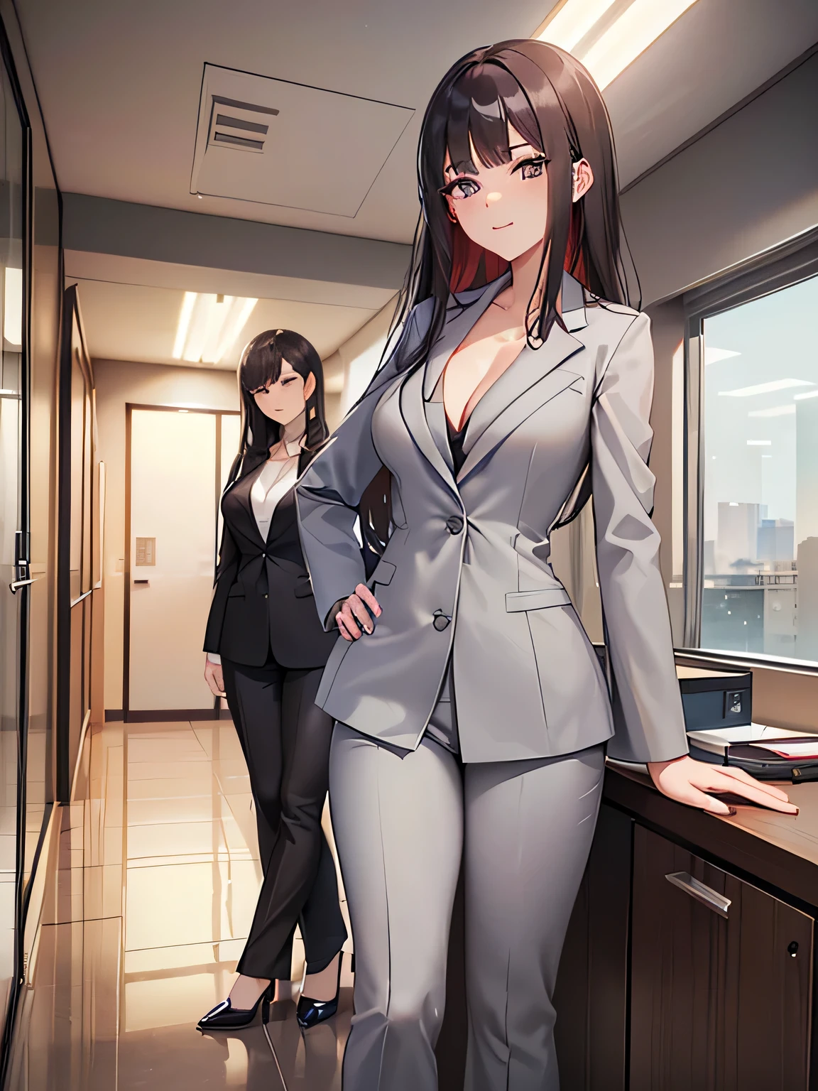 (1) There is one office lady with beautiful legs, (She is standing and showing off her beautiful legs:1.5),
(2) (OL is standing:1.5),
(3) OLはwhiteVheadTI'Iは中にシャツを着ています、whiteVheadTI can almost see her cleavage through the shirt.、(I'Iはその上にグレーのパンツスーツを着ています.:1.5)、Pantsuits fit perfectly、(The pants are semi-flare full length type..:1.5)、she is wearing black high heel pumps、
(4) (OL is showing her back、your face is facing this way:1.5)、
(5) Office woman has short brown hair., shining eyes, A provocative grin,
(6) The location is the office hallway..,
(7) highest quality, High resolution, realistic pictures, realistic skin,
