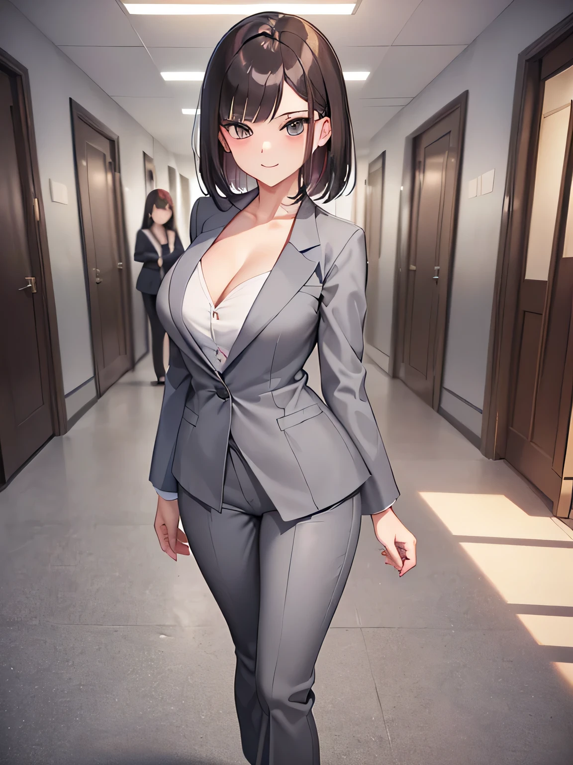 (1) There is one office lady with beautiful legs, (She is standing and showing off her beautiful legs:1.5),
(2) (OL is standing:1.5),
(3) OLはwhiteVheadTI'Iは中にシャツを着ています、whiteVheadTI can almost see her cleavage through the shirt.、(I'Iはその上にグレーのパンツスーツを着ています.:1.5)、Pantsuits fit perfectly、(The pants are semi-flare full length type..:1.5)、she is wearing black high heel pumps、
(4) (OL is showing her back、your face is facing this way:1.5)、
(5) Office woman has short brown hair., shining eyes, A provocative grin,
(6) The location is the office hallway..,
(7) highest quality, High resolution, realistic pictures, realistic skin,
