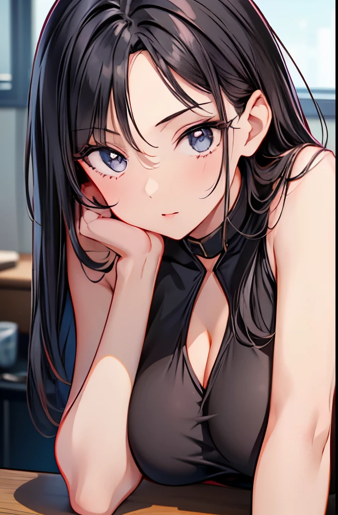 (masterpiece, best quality, detailed illustration, high resolution), ((1girl, solo)), ((huge breasts, slim waist, long legs, fit body, toned body)), ((black hair)), ((black dress)), ((full body, closeup view)), ((standing)), ((looking at the viewer, facing the viewer)), office setting, ((tan skin, tanned skin)), oiled skin, ((large breasts, mature woman, mature female, mature lady)), ((straight hair)), (detailed eyes)