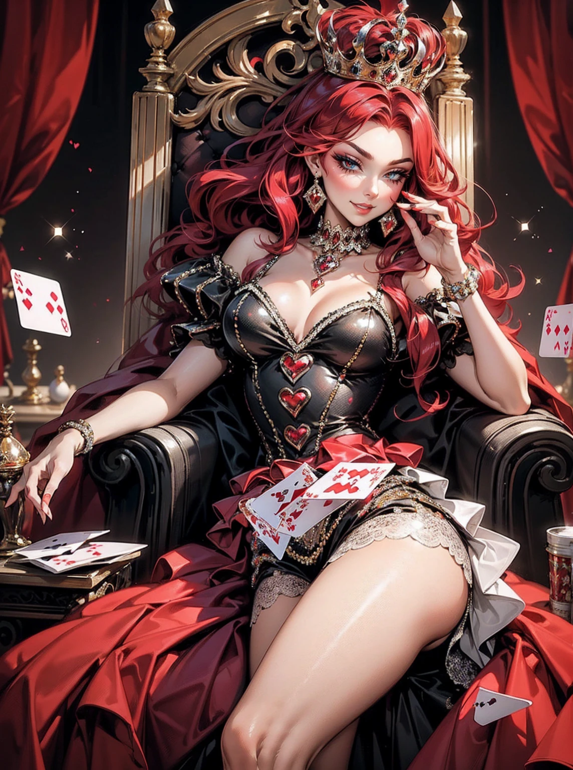 Em um luxuoso cassino, A stunning woman wears an exquisite dress adorned with heart symbols, embodying the royal presence of the Queen of Hearts. Surrounded by a backdrop of poker cards and chips, She exudes confidence and seduction, convidando os jogadores a testar sua sorte e habilidades no jogo de azar. com cabelos curtos, enrolados, cabelos vermelhos (queen of hearts), backwards, looking back, sorrindo, sorriso largo