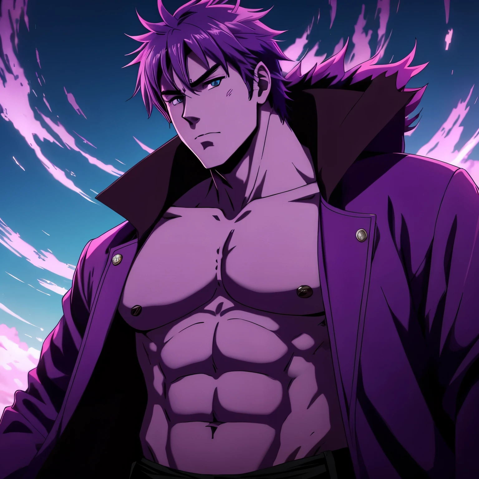 An anime big young man with purple skin and coat cloathes. In your chest has a cimitarra and your eyes are anger