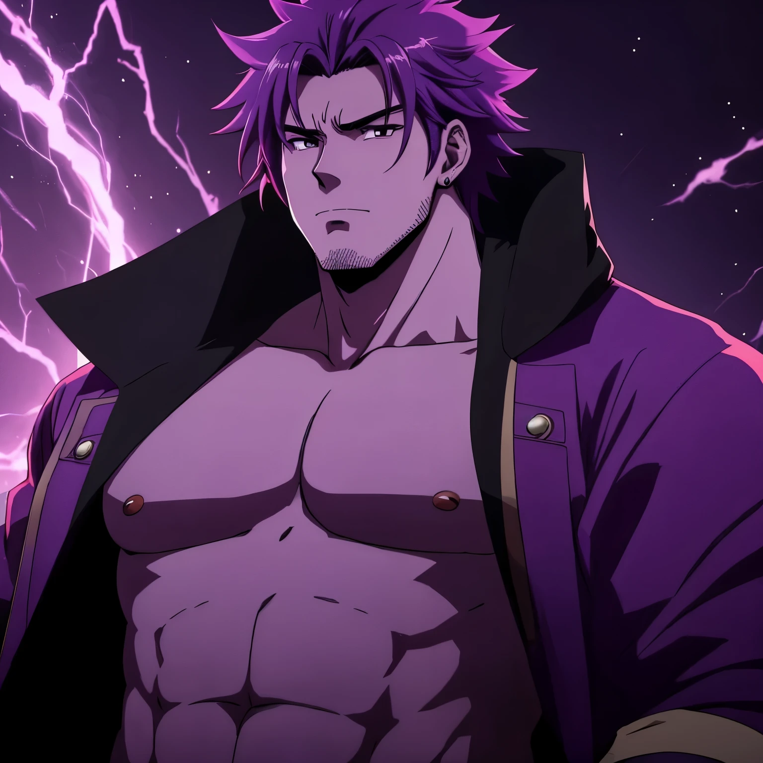 An anime big young man with purple skin and coat cloathes. In your chest has a cimitarra and your eyes are anger