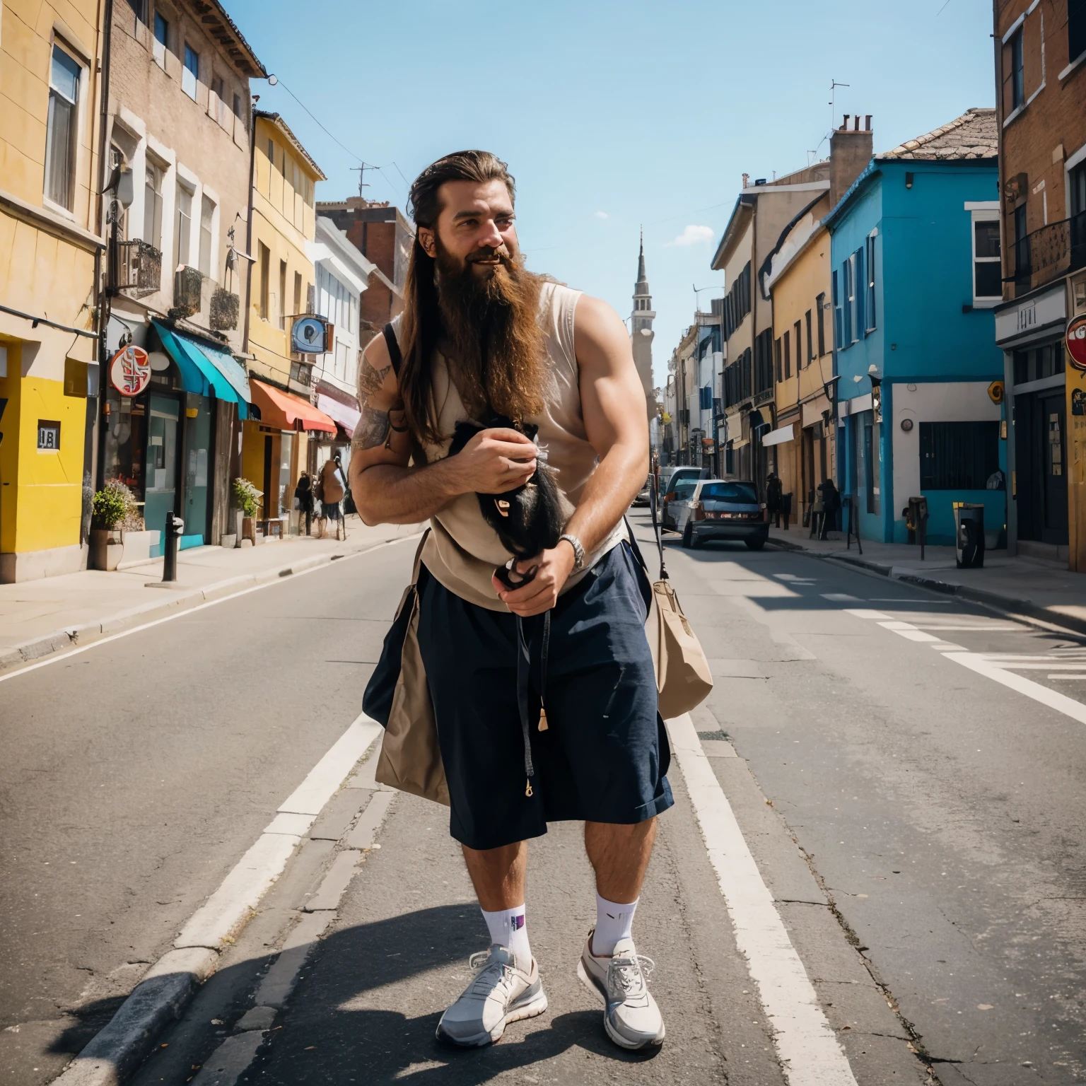 (best quality,4k,highres,masterpiece:1.2),a bearded man, a dog, detailed beard and hair, expressive eyes, realistic facial features, a friendly and cheerful expression, stylish clothing, standing in a vibrant city street, surrounded by colorful buildings, sunny weather, with the dog on a leash, with a happy and energetic attitude, captured in a modern photography style, with vibrant colors and sharp focus.