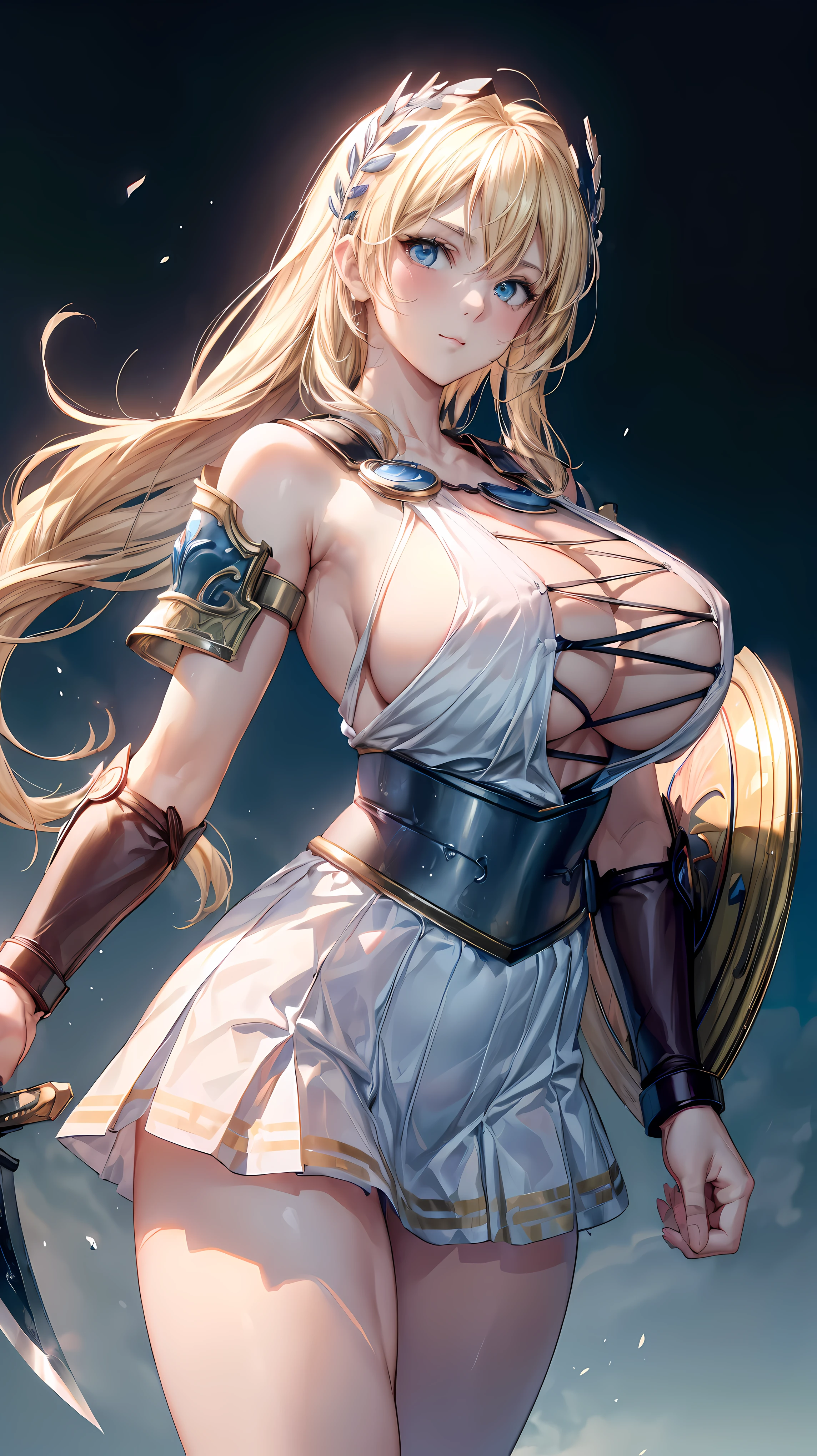 sensual, long blonde hair, thick thighs, 8K, 4k, highest quality, (High resolution:1.6), cute anime face, noise reduction, shining blue eyes, gentle smile, kind eyes、toned abdominal muscles, muscular arms, muscular legs,  young face, anime eyes, Sophitia Alexandra、(holding a sword in the right hand:1.5)、(Equipped with a shield on the left arm:1.5)、(SFW huge body:1.5)、(beautiful nose:1.5)