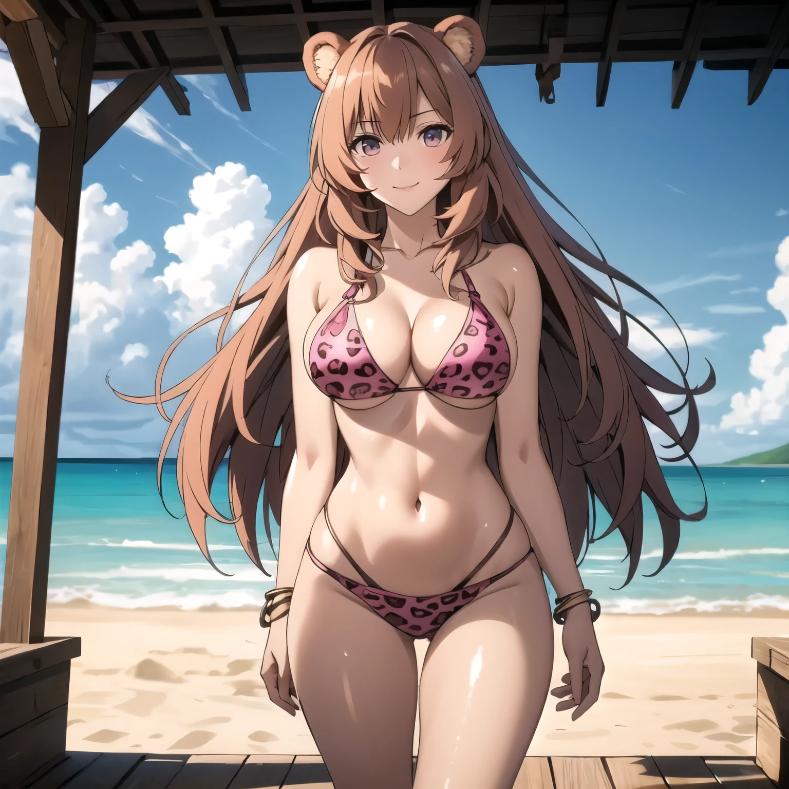 Raphtalia. beautiful woman 25 years old bear ears, cabello naranjo puntas rosadas . ojos rojos detallados alta calidad. piel bronceada, brillante. sonrisa mostrando los dientes, rubor , pechos grandes, pink jaguar design bikini, accesorios, botas rosadas, gotas de agua en su pecho, de pie parada, esta caminando por una playa tropical, colores vivos, alta calidad. pechos primer plano. caminando den una playa.