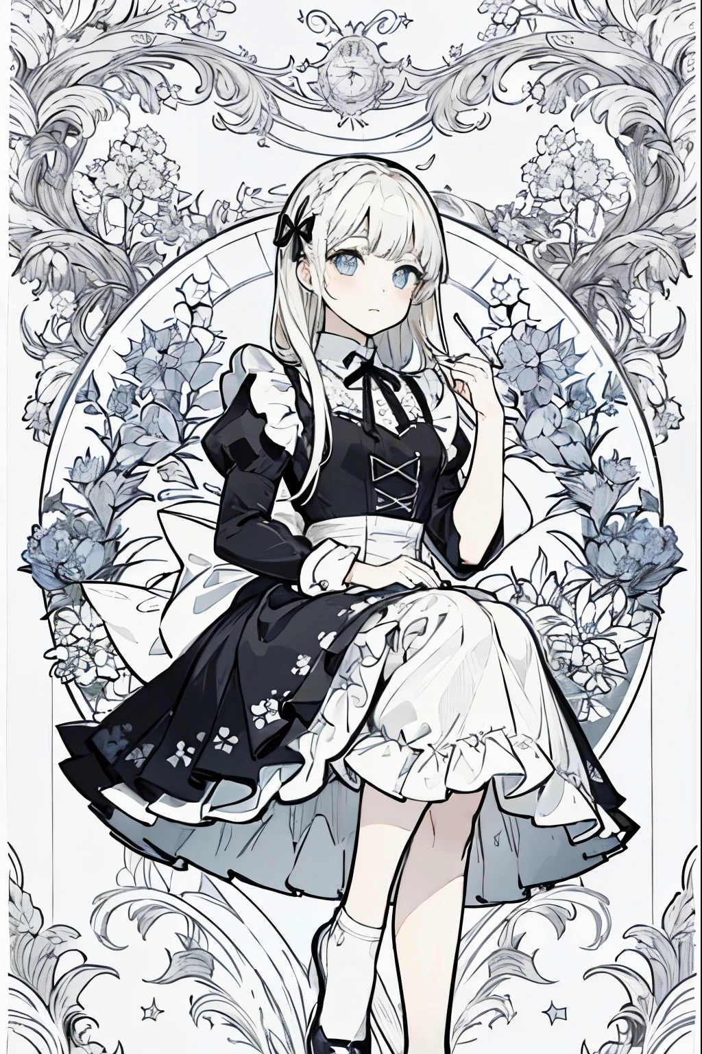 (Masseter muscle part、highest quality、Mysterious、beautiful beautiful、official art、Impressionism、By Van Gogh:1.2)、(1 girl:1.3)、(fractal art:1.4)、pattern、(alice in wonderland:1.2)、(Usagi、Siamese cat、playing cards、Tea cup、pocket watch:0.8)、(tie hair with ribbon、white dresini skirt、beautiful feet、white apron、white socks、platinum blonde)、exotic wallpaper、background with dancing stars、Fantastic、line drawing、monochrome