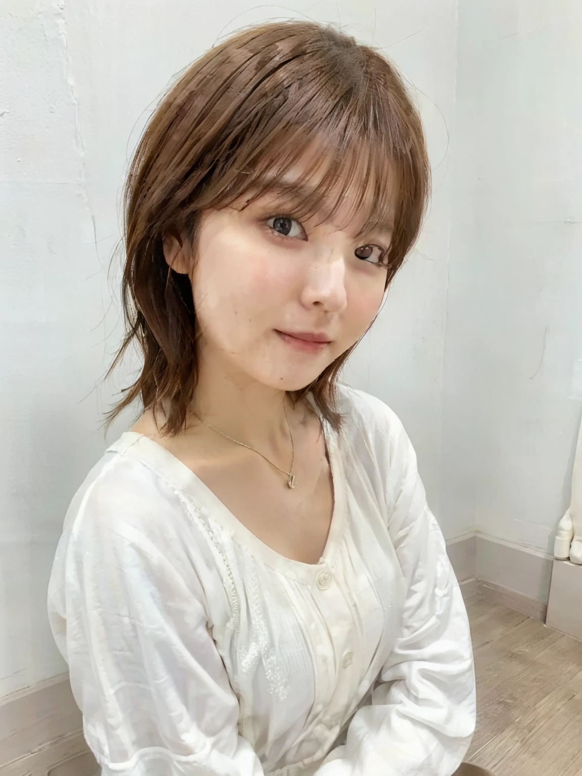 (Highly realistic photos, High resolution, detailed face, fine eyes), ((Taken in front of a white wall))、japanese woman, 40 years old, various expressions, alone:1, slim figure, different hairstyles, casual clothes, Only one person appears in the photo、long sleeve dress、Photographed in natural light、simple necklace、spring clothes、don&#39;t look at the camera、profile、pink brown hair color、bob hair