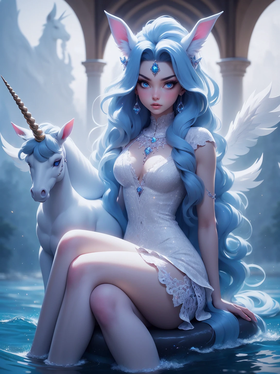 {-erro_de_anatomia:1.0} There is a white unicorn girl, blue mane and long mane, white unicorn, unicorn, unicorn horns, A unicorn, celestia, Nine stories, blue unicorn, soft dreamy, cinematic light《fangs》Unicorn in, mythological creatures, a mythical creature, Pokémon illustration, unicorns, a glaceon princess, white dress, opal eyes. Auroracore, ghostly iridescent, image good for rendering, sitting on the water, unicorn girl, full body.