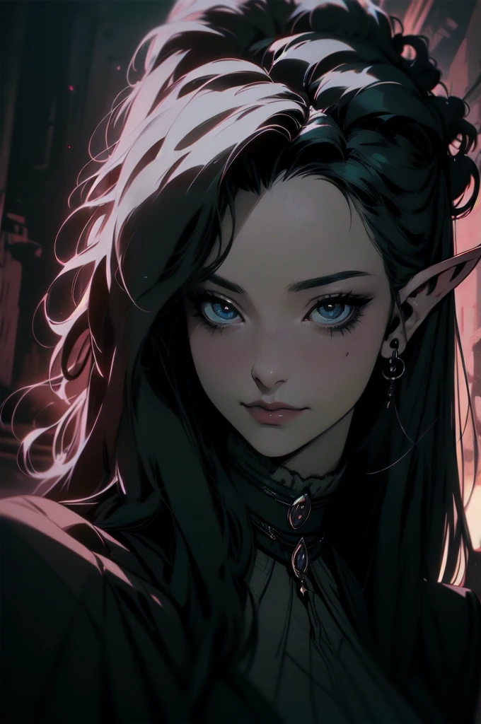 { - anatomy error}(Masterpiece - Ultra-detailed, very high resolution)moonlight, hyper-realistic of a mysterious woman with flowing black hair, ears of elf, piercing opal eyes, and a delicatelace crown, delicate smile, upper body,