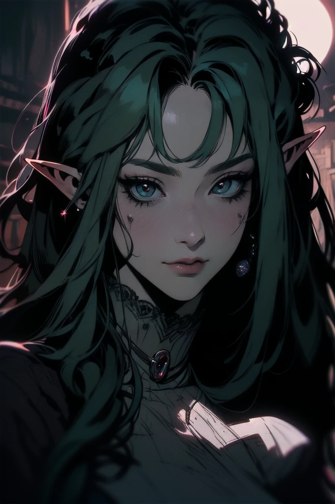 { -  error}(Masterpiece - Ultra-detailed, very high resolution)moonlight, hyper-realistic of a mysterious woman with flowing black hair, ears of elf, piercing opal eyes, and a delicatelace crown, delicate smile, upper body, 
