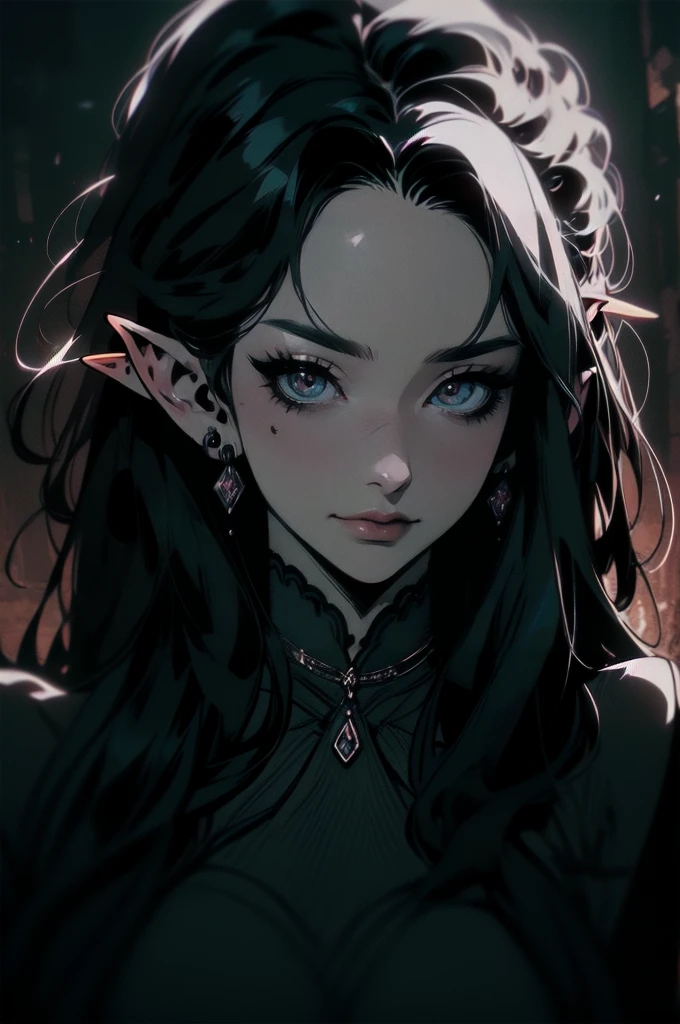 { -  error}(Masterpiece - Ultra-detailed, very high resolution)moonlight, hyper-realistic of a mysterious woman with flowing black hair, ears of elf, piercing opal eyes, and a delicatelace crown, delicate smile, upper body, 
