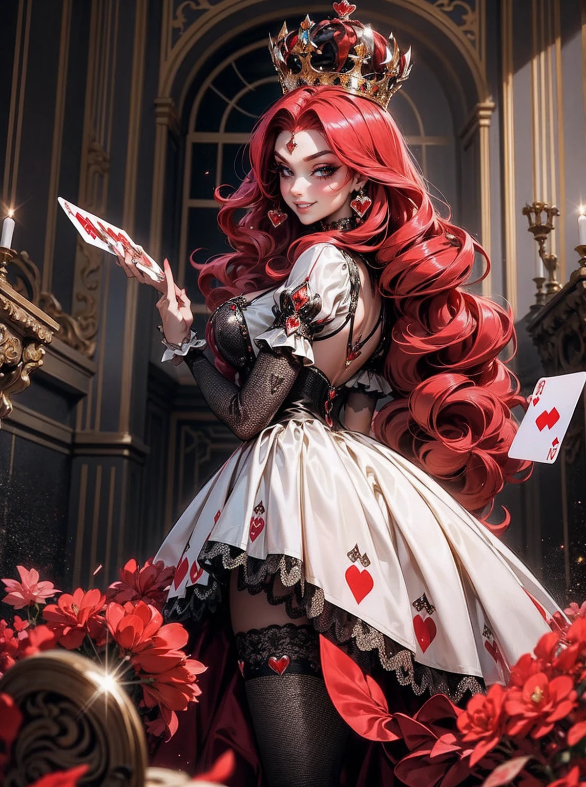 Em um luxuoso cassino, A stunning woman wears an exquisite dress adorned with heart symbols, embodying the royal presence of the Queen of Hearts. Surrounded by a backdrop of poker cards and chips, She exudes confidence and seduction, convidando os jogadores a testar sua sorte e habilidades no jogo de azar. com cabelos curtos, enrolados, cabelos vermelhos (queen of hearts), backwards, looking back,  portrait