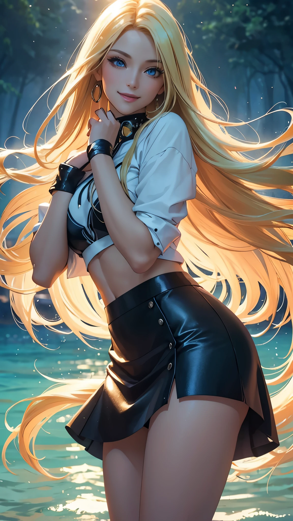 ((masterpiece)),((Highest quality)),High resolution,Extremely detailed CG,Perfect lighting,8k wallpaper, One Girl,short hair、Blonde Hair、Very large breasts、Very large breasts、Smiling、Sleeveless white business shirt、Shiny black short pencil skirt、tights、Sleeveless shirts only、Raise your arms、Show your armpits、Sideboob、Black Pencil Skirt、Droopy eyes