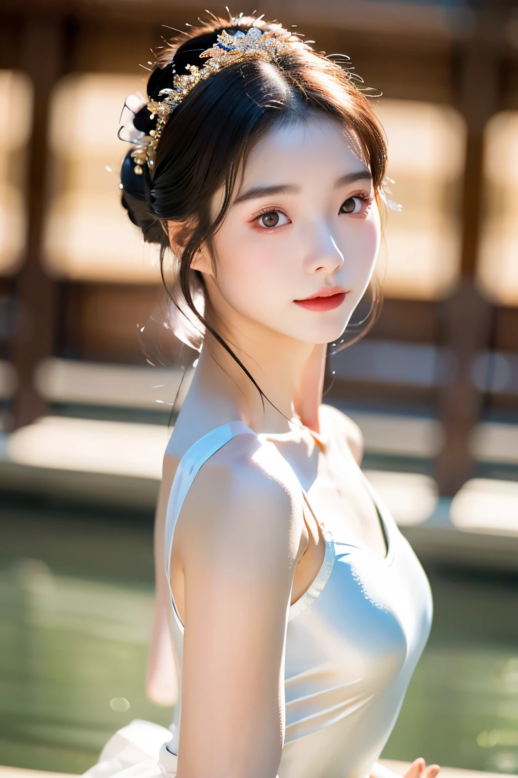 A Chinese ballet dancer, endowed with a bust that gracefully complements her tall and slender frame, boasts fair skin and a beautiful appearance. Her big eyes, full of expressiveness and allure, sparkle with an unwavering intensity. Long, black hair cascades down her back like a silky waterfall. In the serene confines of her school, she practices her art, her movements fluid and elegant.
This image is presented in realistic detail, with a sharp focus and clear, crisp lines, making for a stunning 1080p, 9:16 resolution. The dancer's every feature, from the delicate curve of her neck to the delicate