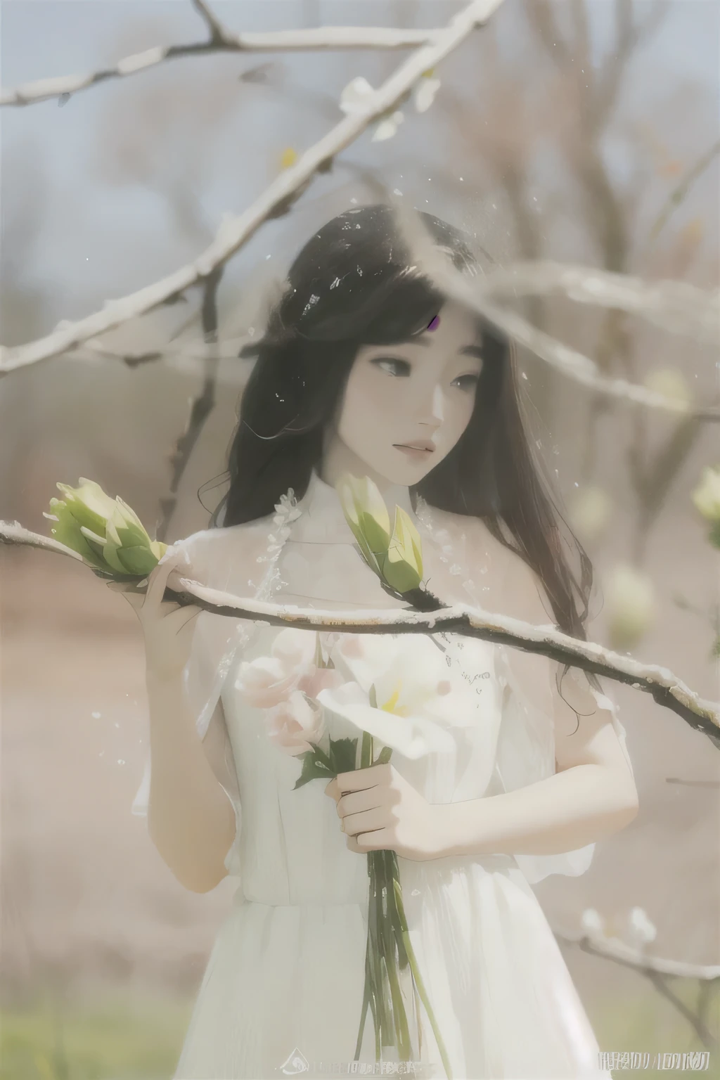 Woman being raped wearing a white dress and holding a bouquet of flowers, resin drainage, with flower, With frozen flowers around her, heavenly beauty, Jinyoung Shin, Jiyoung Kwak, Hwang Se - That's right, Inspired by Tang Yifen.., beautiful korean girl, chassis, Yoon Se-seon, Leng Mei(Leng Mei), Sentung Chen, goddess of spring