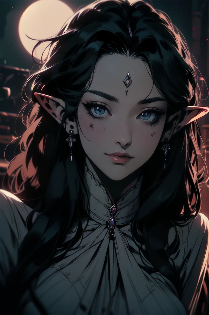{ -  error}(Masterpiece - Ultra-detailed, very high resolution)moonlight, hyper-realistic of a mysterious woman with flowing black hair, ears of elf, piercing opal eyes, and a delicatelace crown, delicate smile, upper body, 