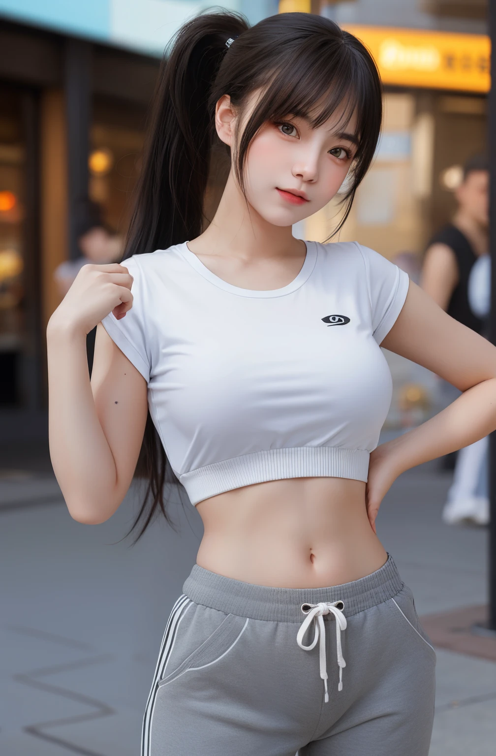 1girl, cute, 20 years old, seductive expression, look at viewer, sport top ,joger pants, photo, realistic, best quality, hires, detailed face, detailed background street mall, diffused lighting, depth of field, bokeh,large breasts, pose model,ponytail,standing