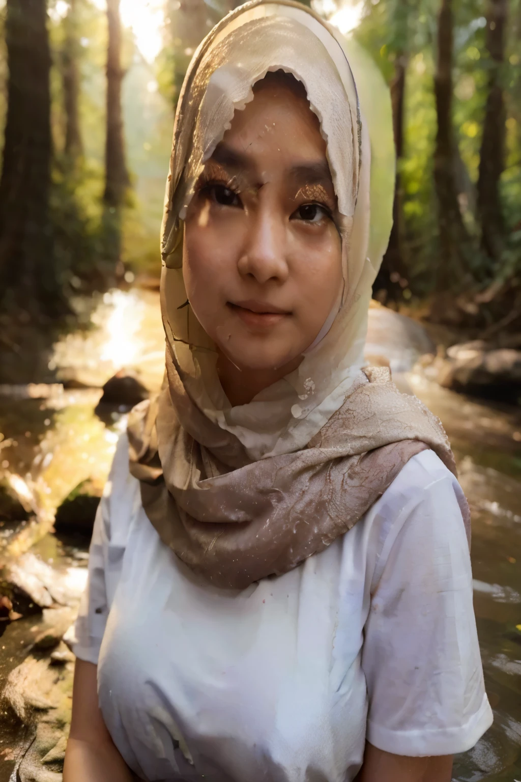 Photography is very detailed and detailed. A beautiful young Asian woman wearing a white t-shirt and hijab, soaking in a calm stream, looking straight at the audience and smiling faintly (the forest is illuminated by the setting sun), her every move and expression of light is very comfortable. High resolution. HD 16K. Cinematic