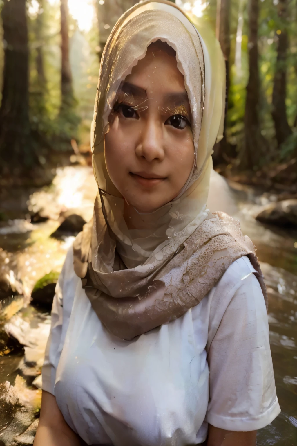 Photography is very detailed and detailed. A beautiful young Asian woman wearing a white t-shirt and hijab, soaking in a calm stream, looking straight at the audience and smiling faintly (the forest is illuminated by the setting sun), her every move and expression of light is very comfortable. High resolution. HD 16K. Cinematic