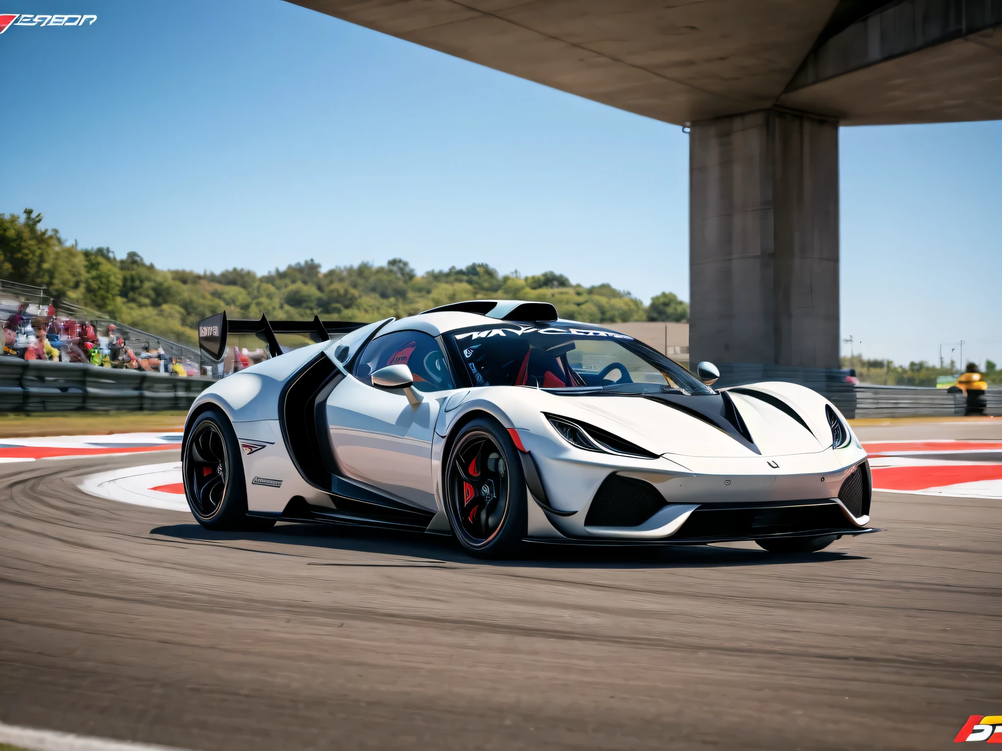 64K, UHD, super detail, best quality, best details, super realistic, photo realistic, 360 view, Ultra-Wide Angle, Wide-Angle, highly detailed race track, (an very attractive girl is standing in front of two detailed hyper cars, counting down to start the race, holding a small flag, lifting it when they pull away to race each other, wheels spinning, hyper car is racing full speed), (camera angle front wheel), ((showcasing the hyper car's power, motion blur, motion lines)), (detailed spinning tires, realistic tire smoke)