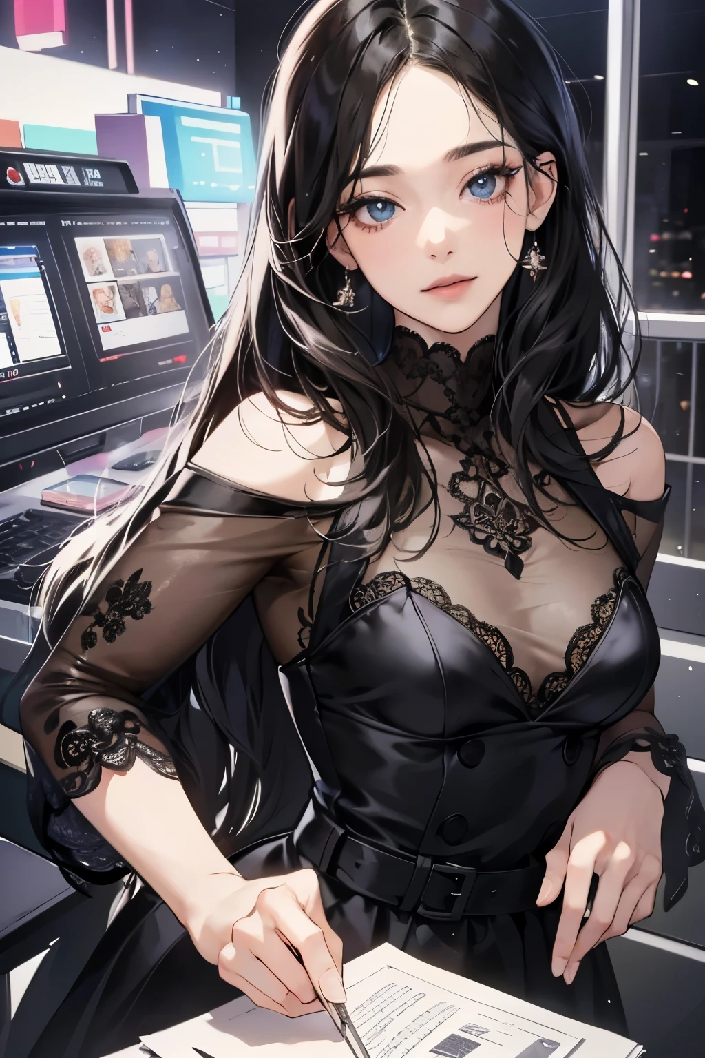 (table top, digital art, digital illustration, 4k, 8K, Super detailed, beautiful images, clear image, realistic, Raw photo, perfect face, perfect lines, perfect eyes, soft lighting) 1 female, (long black hair,straight hair,bullish look,beautiful woman,Beautiful dress、solid makeup,23 year old female,small breasts:1.3),secretary, Two handsome men in suits, (human,man wearing a suit,muscular,solid shoulder width,adult male,boyish hairstyle,british gentleman&#39;s style,A man in his 30s with a cool expression,28 year old man with a bright smile:1.2),couple、coupleキス、romance porn、見つめ合うcouple、Department Pa Underground、Cosmetics department、cosmetics、