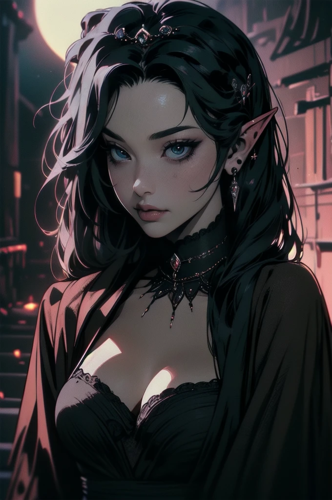 { - anatomy error}(Masterpiece - Ultra-detailed, very high resolution)moonlight, hyper-realistic of a mysterious woman with flowing black hair, ears of elf, piercing opal eyes, and a delicatelace crown, delicate smile, upper body,