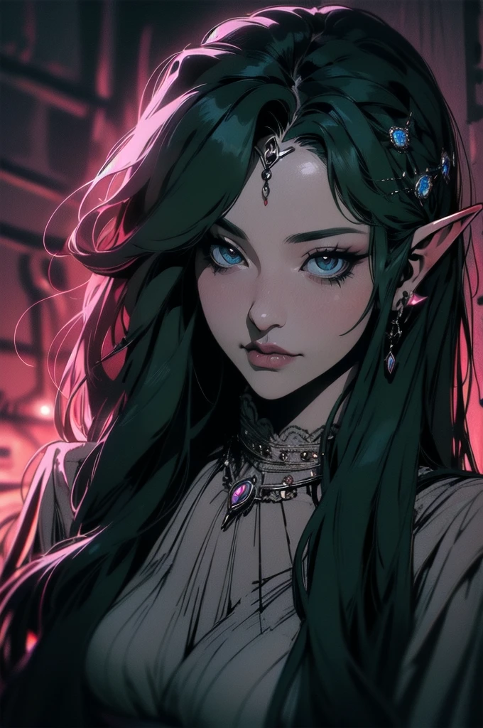 { - anatomy error}(Masterpiece - Ultra-detailed, very high resolution)moonlight, hyper-realistic of a mysterious woman with flowing black hair, ears of elf, piercing opal eyes, and a delicatelace crown, delicate smile, upper body,