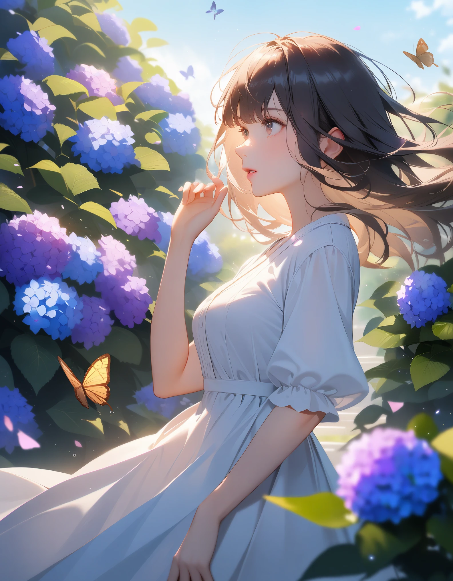 a girl，wearing white clothes，Hydrangea bushes，beauty，Butterfly，wind blows，HD，reality，