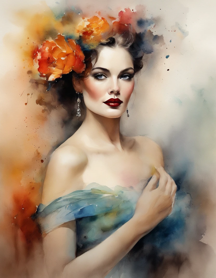 Avant-garde attired woman, character portrayal, Konstantin Razumov influence, Pierre Cardan textures, Alberto Seveso ink-in-water effect, name floating in sans serif typeface, soft diffused lighting, ultra-realistic digital painting, soul-capturing, dramatic lighting, ultra fine details.