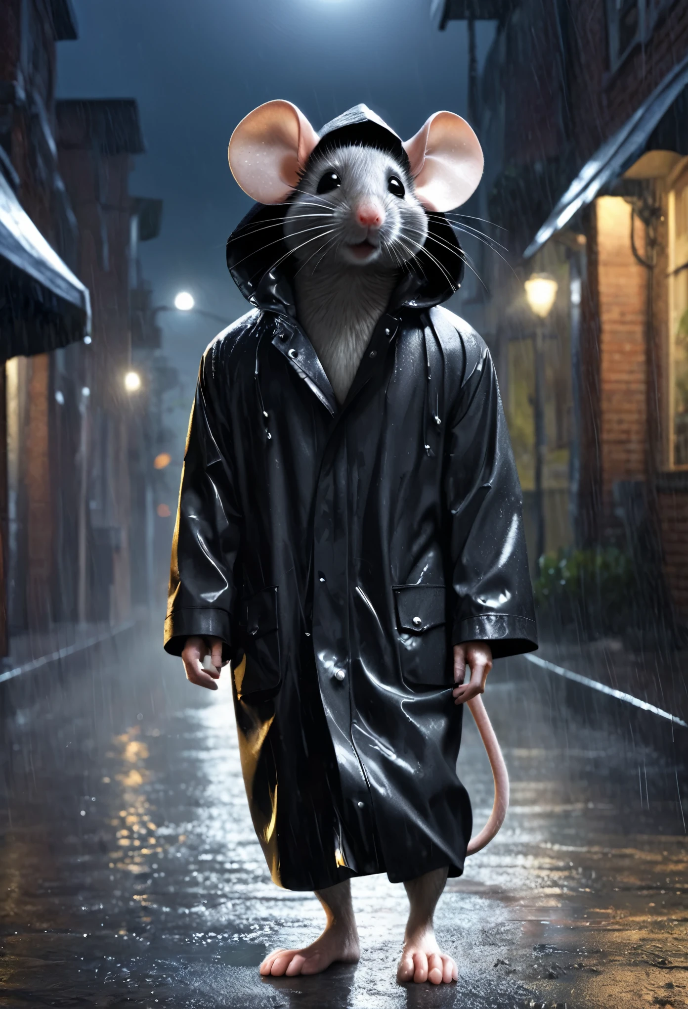 Males, only the back is visible, anthropo mouse, WEARING A RAINCOAT (black) , muscular body, back, legs (wool, silver), Barefoot, mouse paws, Ganster district, night, heavy rain, Photorealistic, hyperrealistic, Ultra detailed,right through,costs, wide viewing angle, far below, full moon