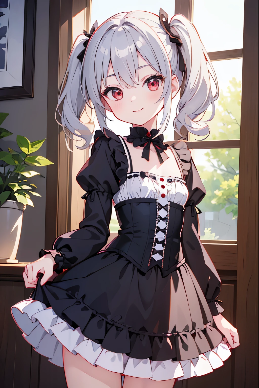 (master piece:1.2), (best Quality:1.2), (ultra detailed:1.2), (highres:1.2), 4k, 8k, from front, cowboy shot, look at viewer, light smile, beautiful detailed eyes, middle hair, light silver hair, red eyes, small breasts, short twintails, flat chest, 13 years, light smile, Gothic Lolita, mini skirt, nsfw