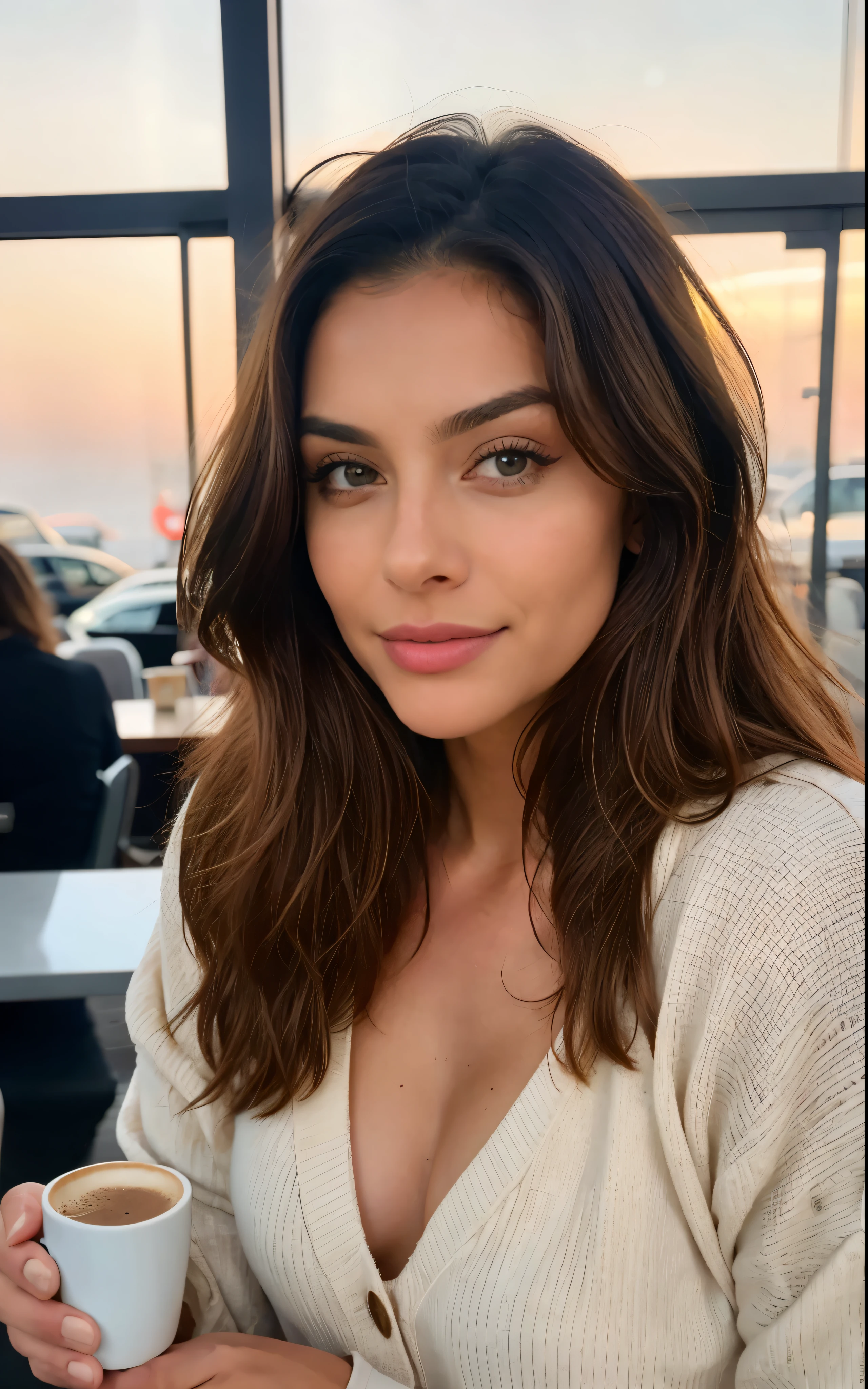 Beautiful brunette wearing a beige sweater (Holding a cup of coffee in a modern cafe next to a shopping mall), muito detalhado, 21 anos de idade, rosto inocente, cabelos ondulados naturais, olhos azuis, high resolution, obra de arte, melhor qualidade, detalhes intrincados, altamente detalhado, sharp focus, pele detalhada, textura de pele realista, textura, olhos detalhados, profissional, 4K, sorriso encantador, filmado em canon,  85 mm, Profundidade superficial de campo, Kodak vision, corpo em forma perfeita, extremamente detalhado, para fotografar_\(ultra\), fotorrealista, Realista, Post-processing, maximum details, rugosidade, Vida real, Ultra realista, fotorrealismo, fotografia, 8K Ultra-HD, fotografia