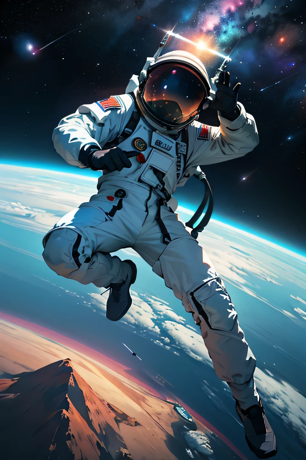 Create an epic scene: an astronaut floats gracefully in the vast emptiness of space, vestido em seu traje espacial brilhante. ele'is in the middle of a cosmic football match, uma bola flutua na sua frente, desafiando a gravidade. Ao redor, Bright stars and colorful nebulae paint the celestial scene. O astronauta, in a dynamic pose, se prepara para dar um chute, with determination in his eyes under the impressive view of Earth'curvatura no fundo. Crie uma imagem que encapsule a grandiosidade e a aventura deste momento, with details so precise that they transport the observer to the cosmos, and a cinematic quality that makes the viewer feel the immensity of space.