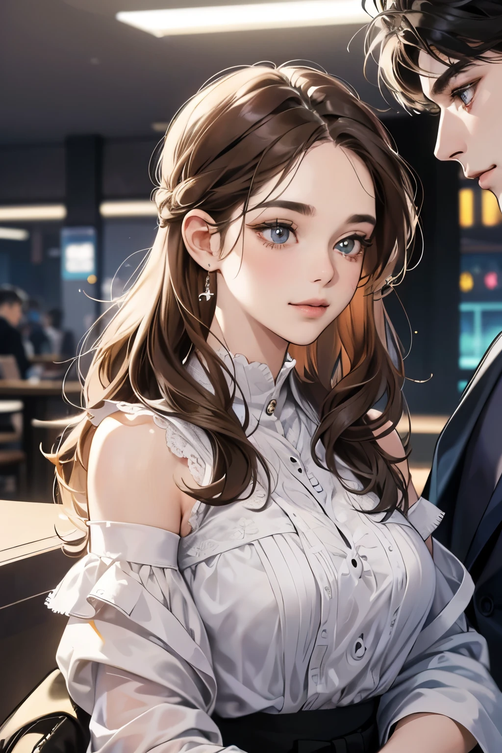 (table top, digital art, digital illustration, 4k, 8K, Super detailed, beautiful images, clear image, realistic, Raw photo, perfect face, perfect lines, perfect eyes, soft lighting) 1 female, (light brown hair,chignon hair,innocent look,droopy eyebrows,droopy eyes,With a round face,round chin、innocence,cute,Big eyes,natural makeup,smile gently,E cup,23 years old:1.3),Two handsome men in suits, (human,man wearing a suit,muscular,solid shoulder width,adult male,boyish hairstyle,A man in his 30s with a cool expression,28 year old man with a bright smile:1.2)、Department store、Department Pa Underground、Cosmetics department、cosmetics、couple、coupleキス、romance porn、見つめ合うcouple、