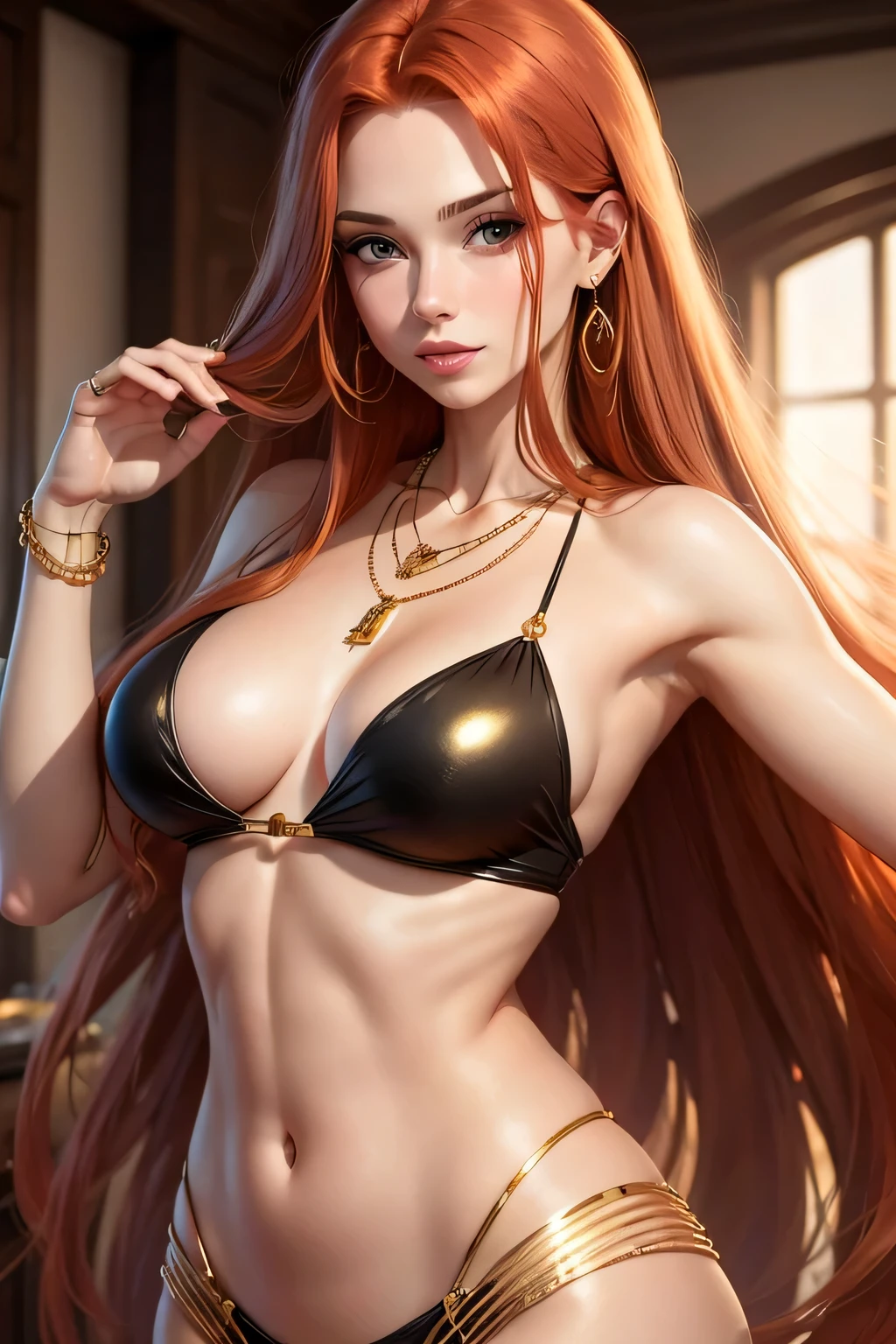 beautiful redhead woman with long straight hair, wearing gold jewelry, necklaces and shiny healthy body
