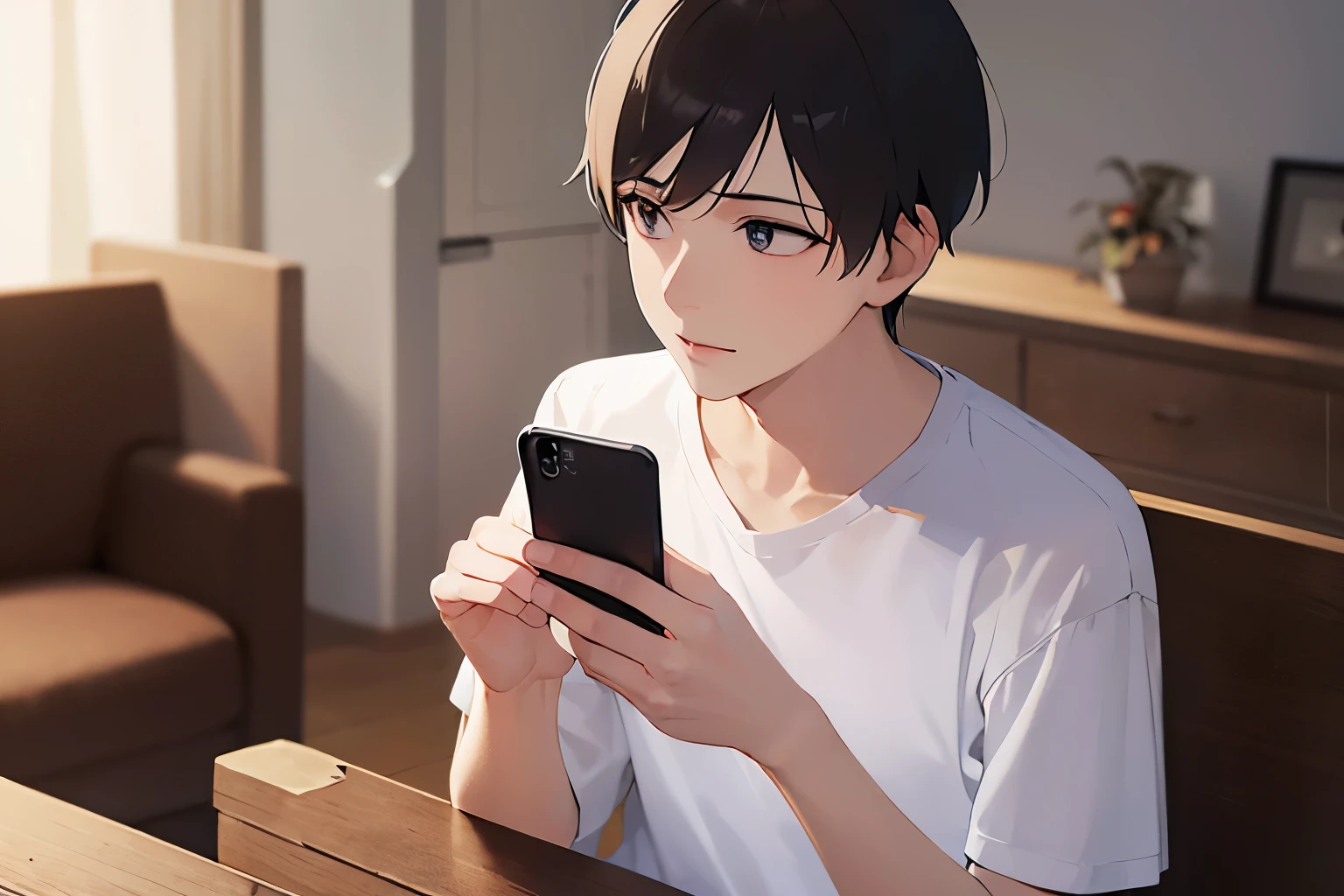 holding a phone, staring at cell phone、(looking away:1.5)、Upper Body, masterpiece、highest quality、25 year old male with short black hair and blue eyes, wearing a suit、wearing a white T-shirt、sitting、smile, The background is the living room at night、(Alone:2)