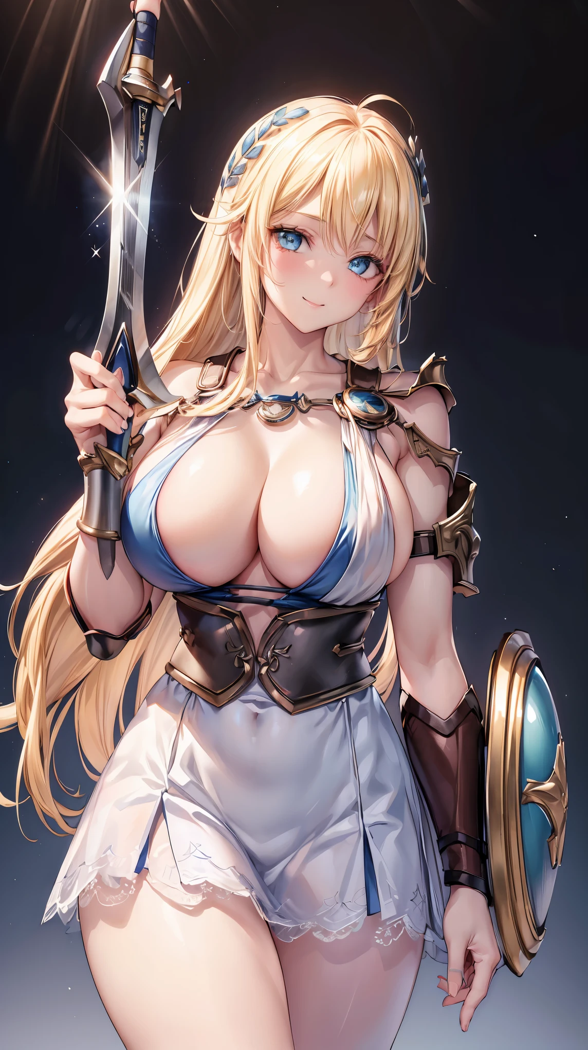 sensual, long blonde hair, thick thighs, 8K, 4k, highest quality, (High resolution:1.6), cute anime face, noise reduction, (shining blue eyes, gentle smile:1.3, kind eyes:1.3)、toned abdominal muscles, muscular arms, muscular legs, young face, anime eyes, Sophitia Alexandra、(holding a sword in the right hand:1.5)、(Equipped with a shield on the left arm:1.5)、(SFW huge body:1.5)、(beautiful nose:1.5)
