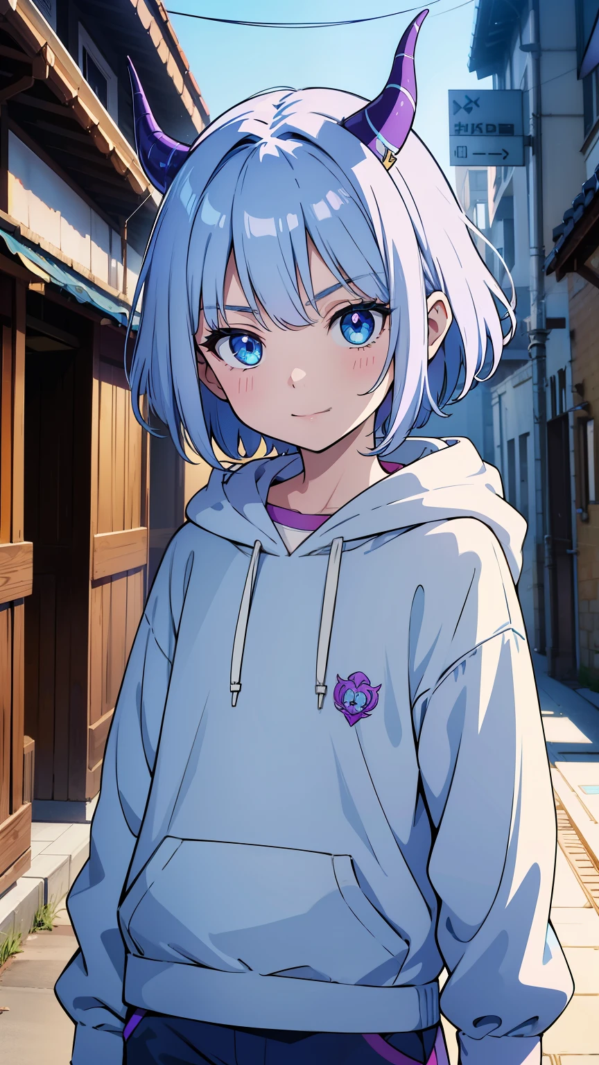 (high-quality, breathtaking),(expressive eyes, perfect face) 1boy, male, solo, age 13, kid age, feminine face, light blue color hair, light blue eye color, spiky fluffy hair, short hair length, cute smile, 4" Height, cute face, childlike face, modern clothing, hoodie, shorts decals on clothing, jewellery and accessories, dragon, dragon boy, small dragon horns, glowing bluish-purple horns, hair like Otto, Symmetrical Eyes, portrait, bustshot, positive expression, background school courtyard
