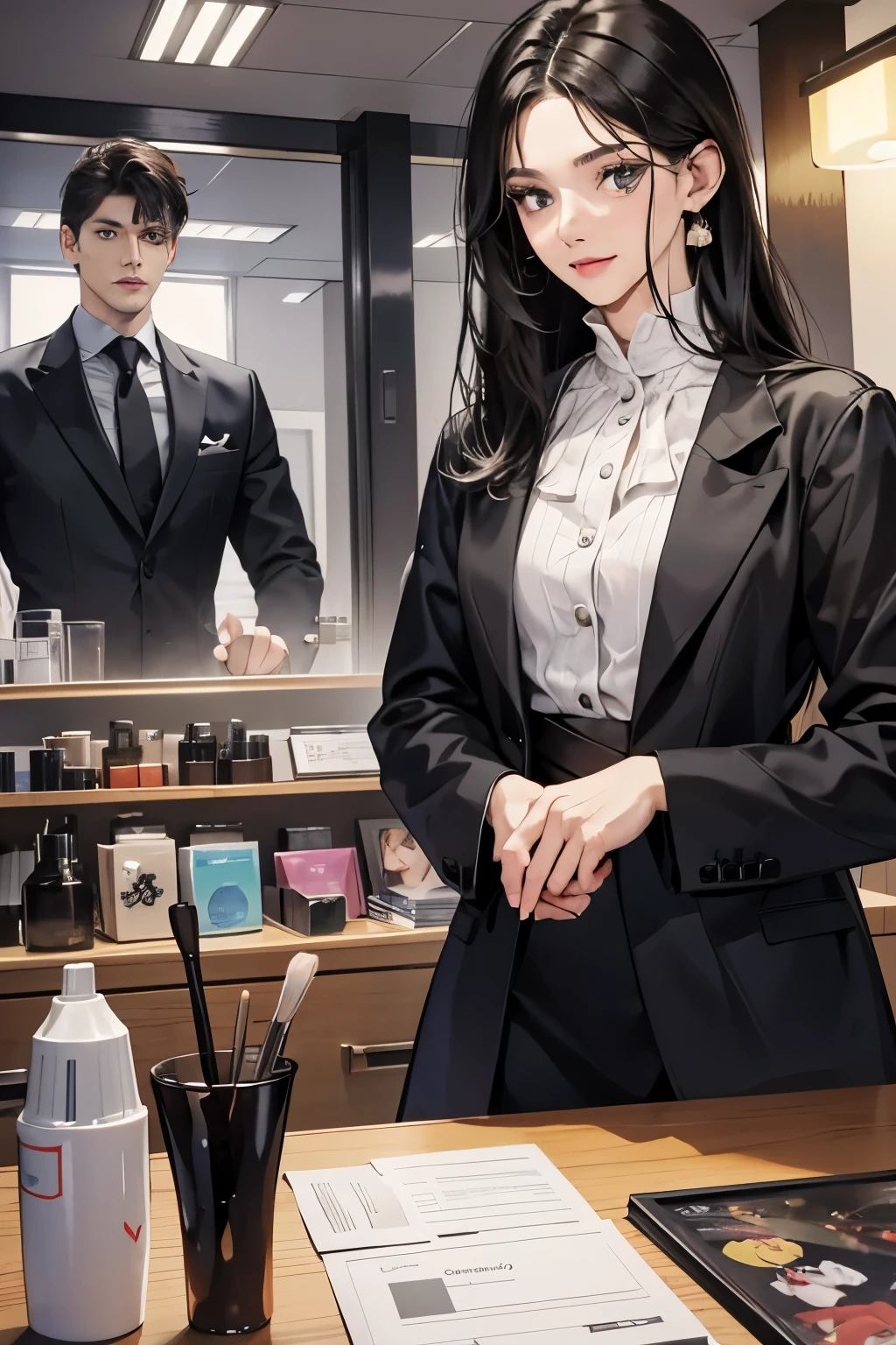 (table top, digital art, digital illustration, 4k, 8K, Super detailed, beautiful images, clear image, realistic, Raw photo, perfect face, perfect lines, perfect eyes, soft lighting) 1 female, (long black hair,straight hair,bullish look,beautiful woman,Beautiful dress、solid makeup,23 year old female,small breasts:1.3),secretary, Two handsome men in suits, (human,man wearing a suit,muscular,solid shoulder width,adult male,boyish hairstyle,british gentleman's style,A man in his 30s with a cool expression,28 year old man with a bright smile:1.2),couple、coupleキス、romance porn、見つめ合うcouple、Department Pa Underground、Cosmetics department、cosmetics、