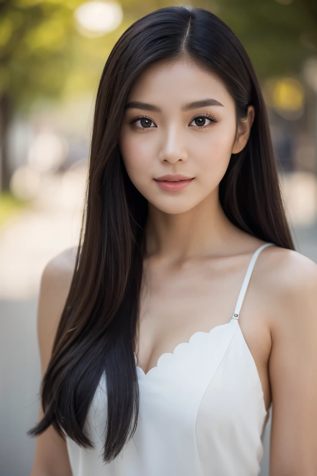 A stunningly beautiful Asian girl graces the campus scene, boasting fair, porcelain-like skin that radiates an ethereal glow. Dimples adorn her cheeks, adding a touch of sweetness and charm to her demeanor. Her face is adorned with smooth, unwrinkled lines, accentuating her youthful appearance. The high bridge of her nose is prominent, complemented by small, refined nostrils. Scalloped double eyelids flutter gently, framing her captivating, almond-shaped eyes. Lip augmentation subtly enhances her natural pout, adding to her seductive allure. Long, glossy black hair casc