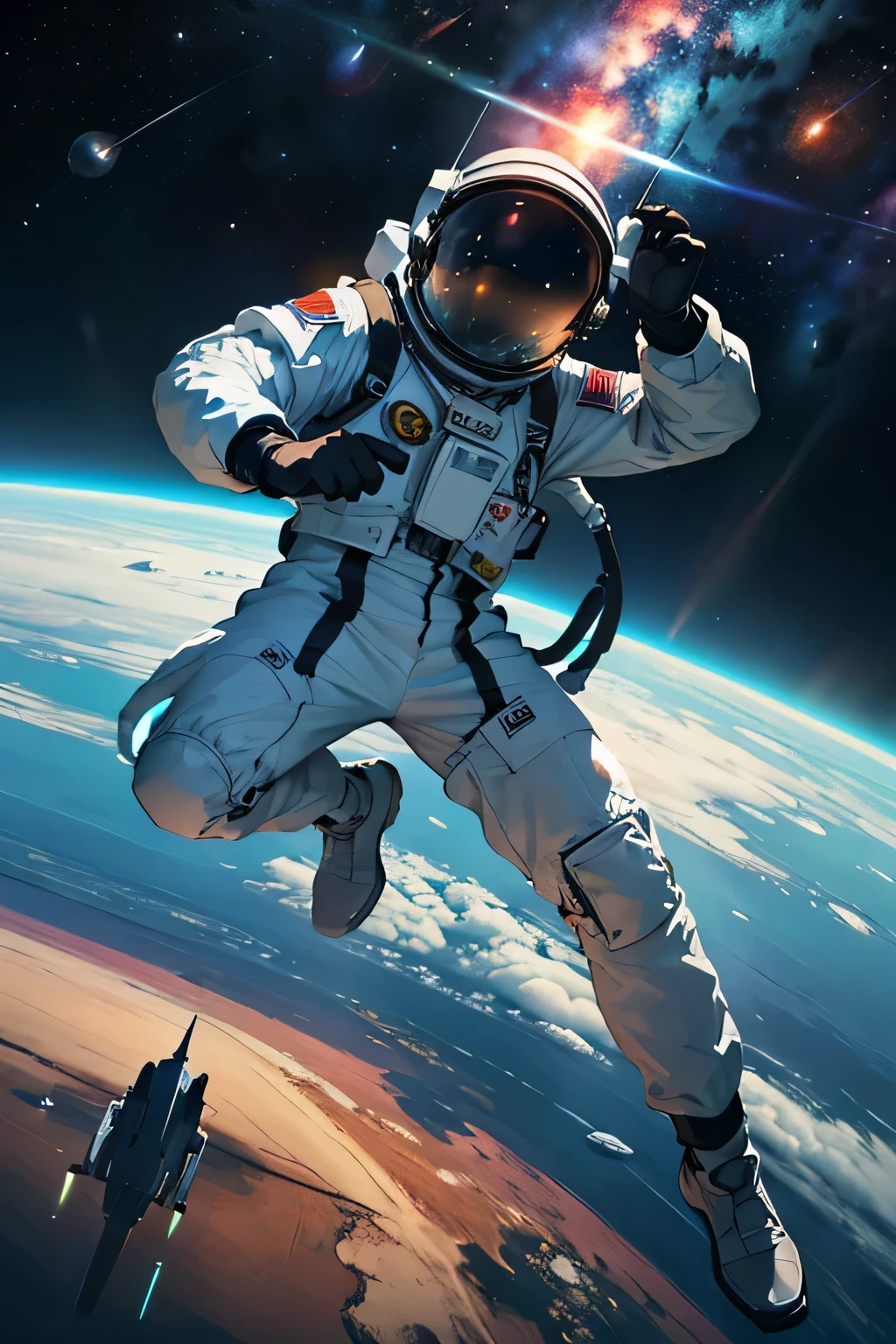 Create an epic scene: an astronaut floats gracefully in the vast emptiness of space, vestido em seu traje espacial brilhante. ele'is in the middle of a cosmic football match, uma bola flutua na sua frente, desafiando a gravidade. Ao redor, Bright stars and colorful nebulae paint the celestial scene. O astronauta, in a dynamic pose, se prepara para dar um chute, with determination in his eyes under the impressive view of Earth'curvatura no fundo. Crie uma imagem que encapsule a grandiosidade e a aventura deste momento, with details so precise that they transport the observer to the cosmos, and a cinematic quality that makes the viewer feel the immensity of space.