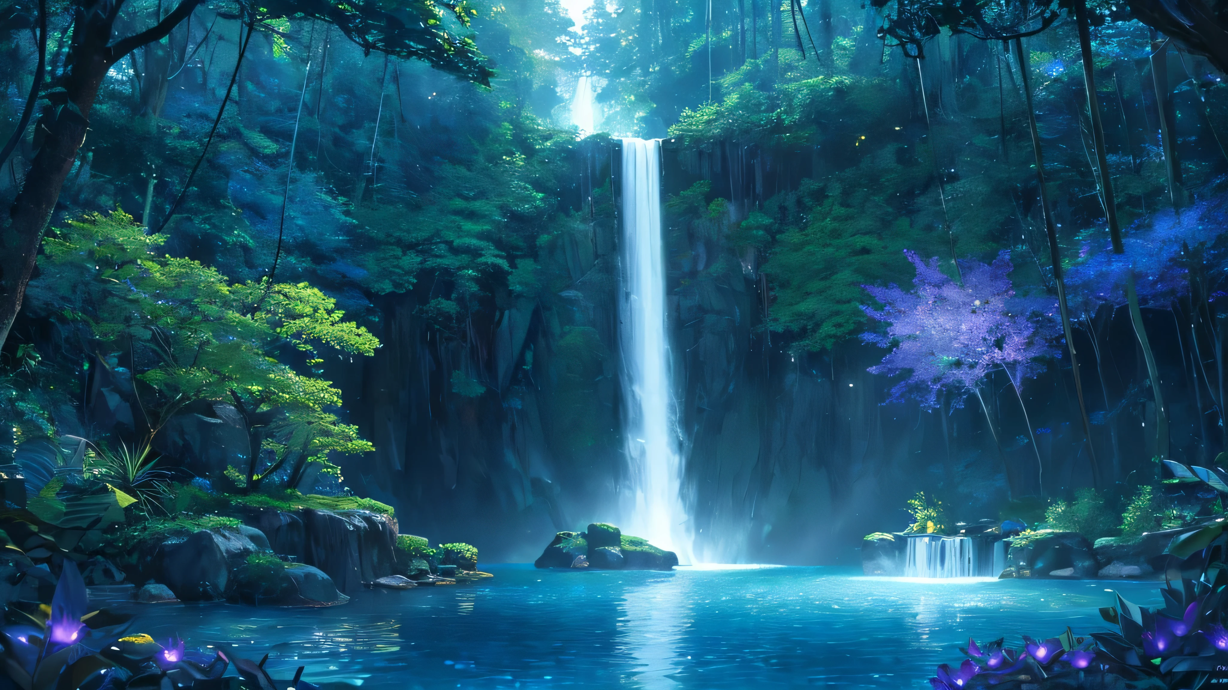 Design an image that captures a breathtaking waterfall cascading into a luminescent pool within a bioluminescent night forest, similar to scenes from the movie. The water glows with phosphorescent light, mirroring the vibrant hues of the surrounding flora. The trees and plants around the waterfall are alive with glowing colors, ranging from deep blues to radiant purples, creating a mystical and serene oasis. Fireflies and glowing particles float through the air, adding to the magical ambiance of this secluded paradise.